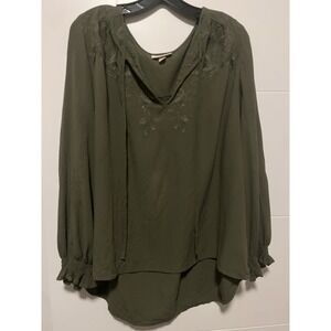 Knox Rose Women's Long Sleeve Boho Embroidered Rayon Top Large Dark Olive Green